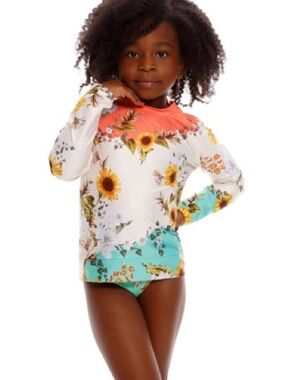 Kids Floral Long Sleeve Rash Guard Swim Set - Coral, White & Teal